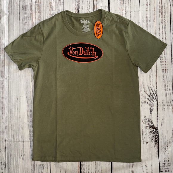 Von Dutch T Shirt Oval Patch Appliqué Double Sided Size Medium Green NWT - Picture 1 of 5
